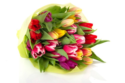 Happy customers receiving their floral arrangements.